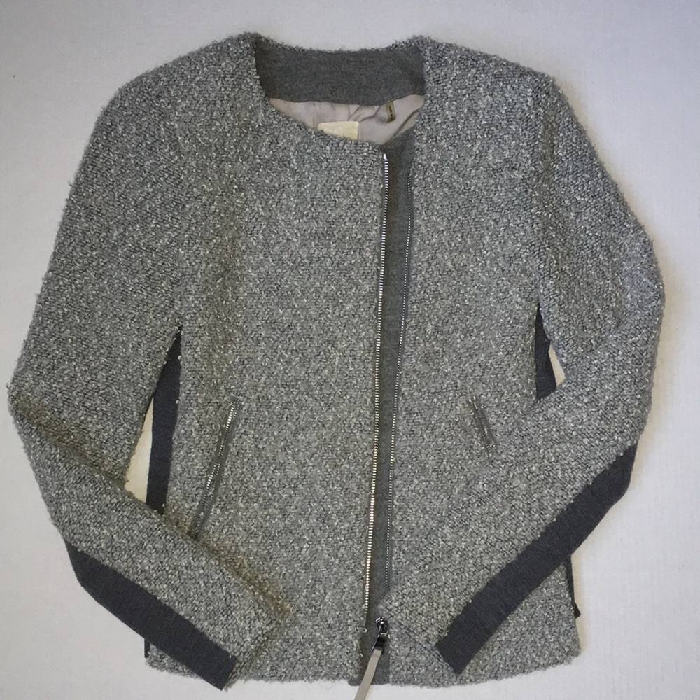 Rebecca Taylor Tweed Zip-Front Jacket with Ribbed Contrast Panels - Size 2
